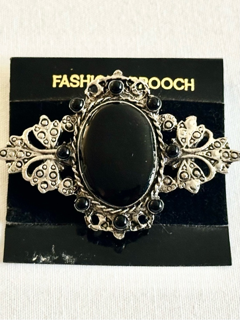 Silver Black Oval Stone Brooch
